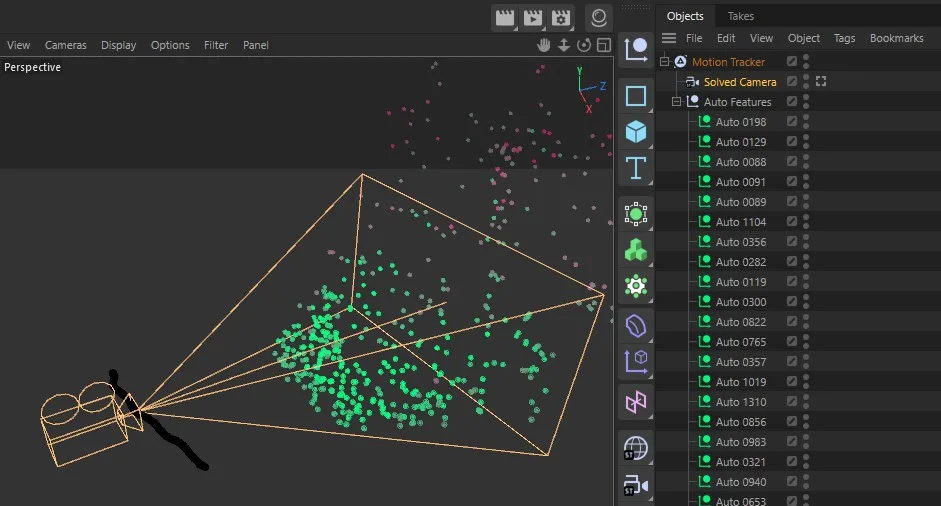 Реконструированная камера и 3D features после solve в Cinema 4D