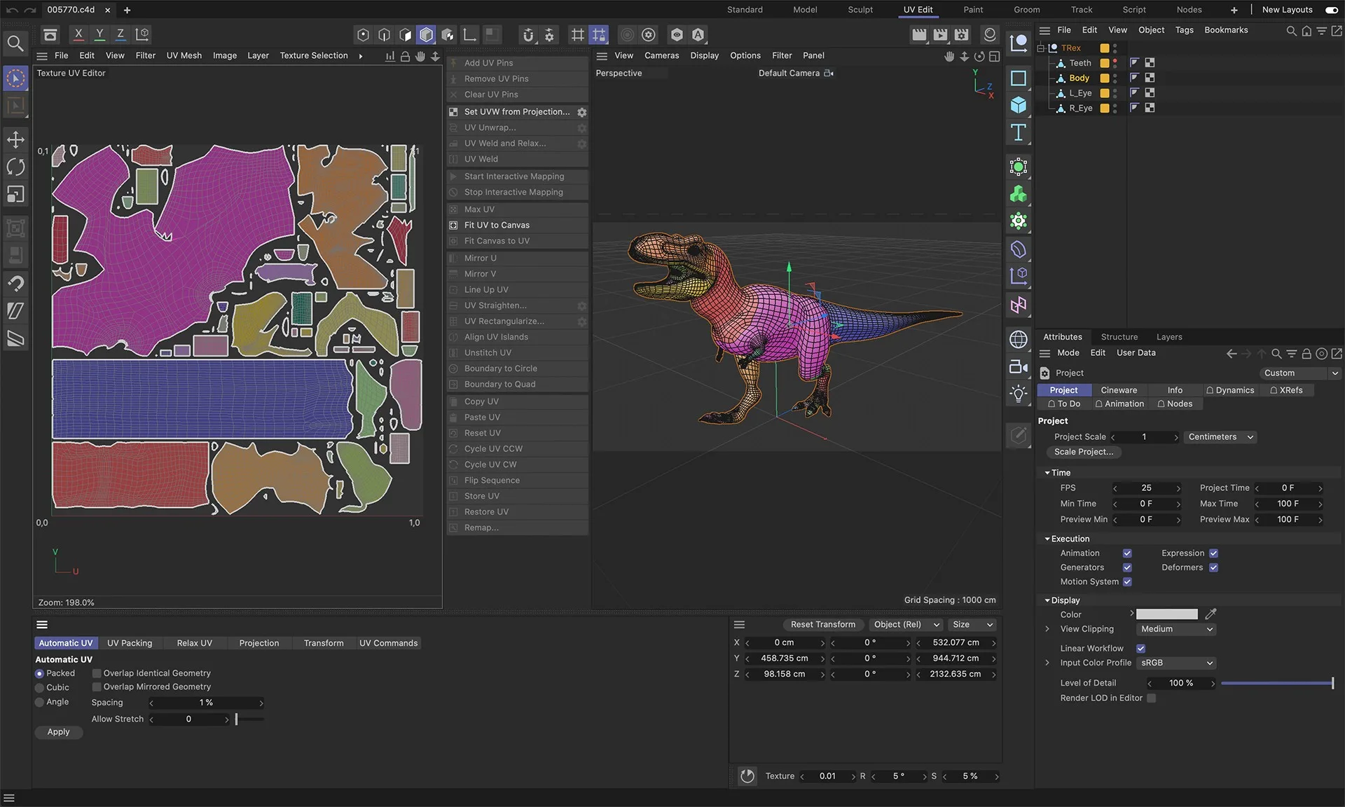 Layout UV Edit с UV islands и моделью в Cinema 4D