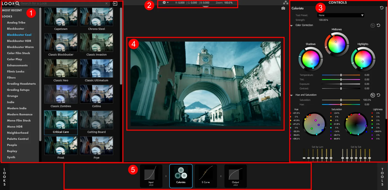 Основные зоны интерфейса Magic Bullet Looks Designer