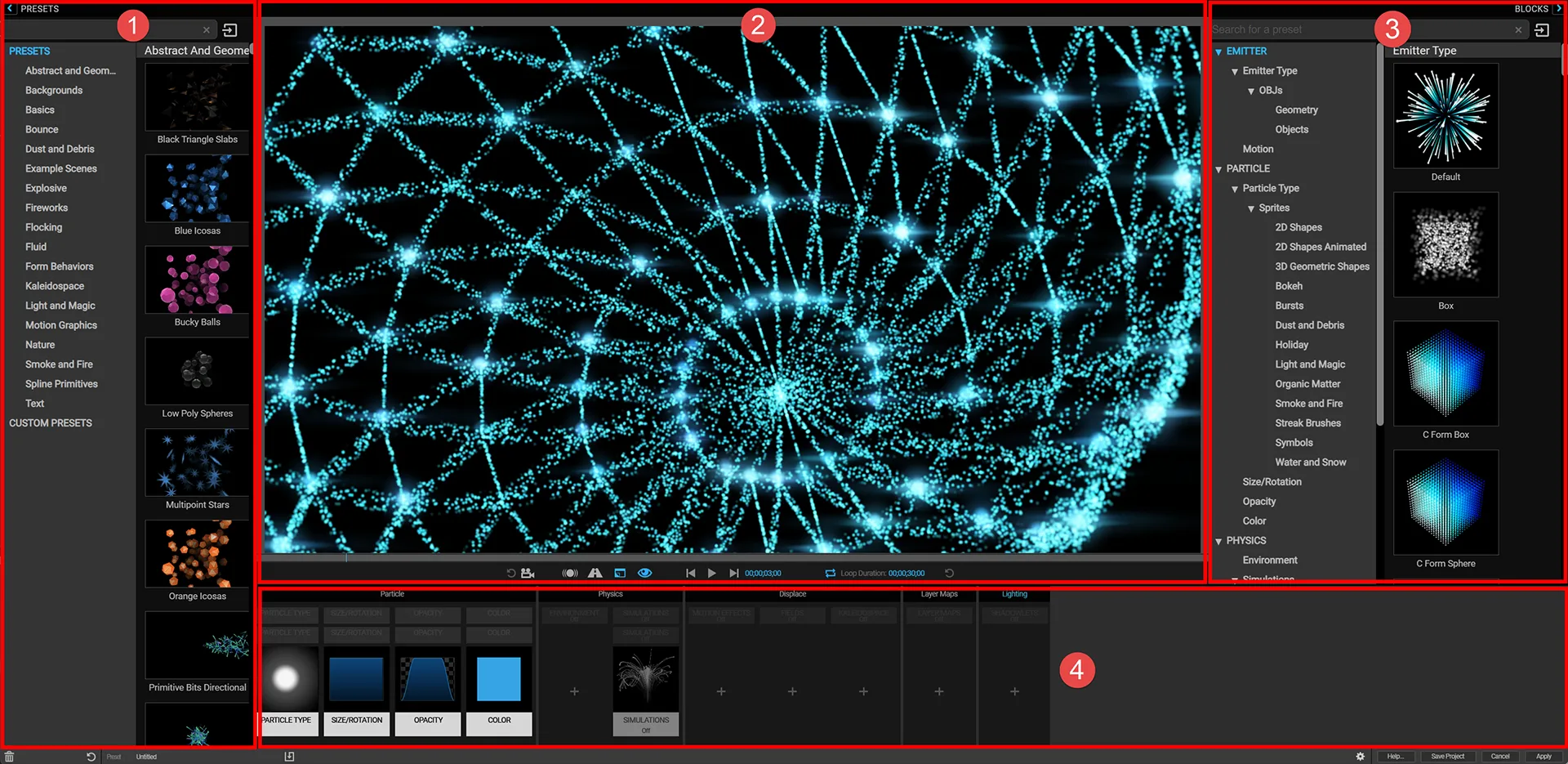 Основные зоны интерфейса Trapcode Particular Designer